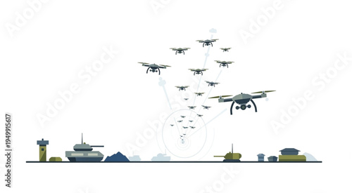 Drones swarm over military base, showcasing modern warfare technology.