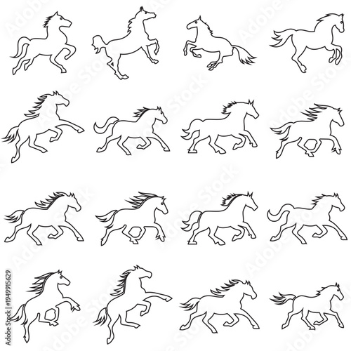 Running Horses icon Chinese Calligraphy design. Collection of black horse silhouettes in dynamic poses, ideal for logos, branding, tattoos, and equestrian or western themed designs.