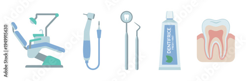 Collection of dental care icons showing a dentist's chair, professional tools, toothpaste, and a tooth cross-section in a flat, minimalist vector illustration style