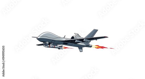 Illustration of a Military Drone Firing Missiles in Flight.