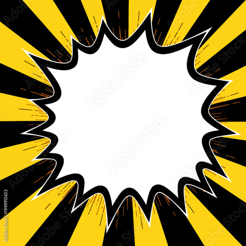 Dynamic square pop art comic book frame featuring an explosive yellow and black sunburst border with a central blank copy space for messages.