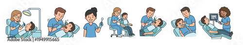 Set of hand-drawn dental clinic illustrations featuring friendly dentists treating adult and child patients with various tools during examinations, cleanings, and x-ray reviews
