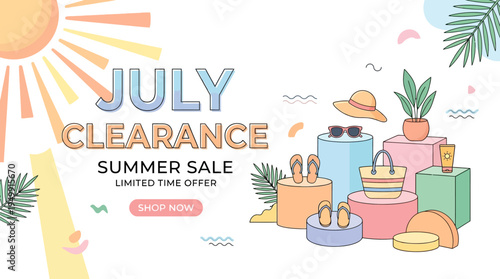 July Clearance Summer Sale Banner with Beach Items