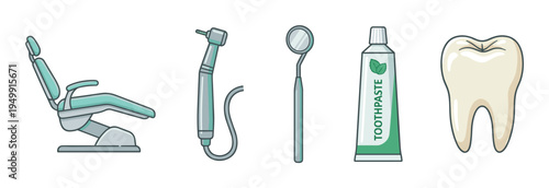 Dental care and dentistry icon set featuring a chair, drill, mirror, toothpaste, and a molar tooth in a flat cartoon illustration style for oral hygiene and health concepts