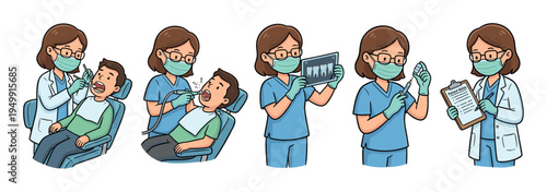 Set of cartoon dentist character illustrations showing a female professional performing a checkup, cleaning teeth, analyzing an x-ray, and preparing an injection