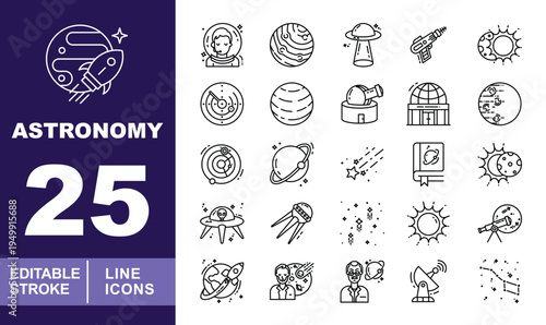 Outer Space & Astronomy Line Icons. Editable stroke vector icons for galaxy exploration. Featuring astronauts, planets, UFOs, telescopes, observatories, satellites, solar eclipses, and constellations