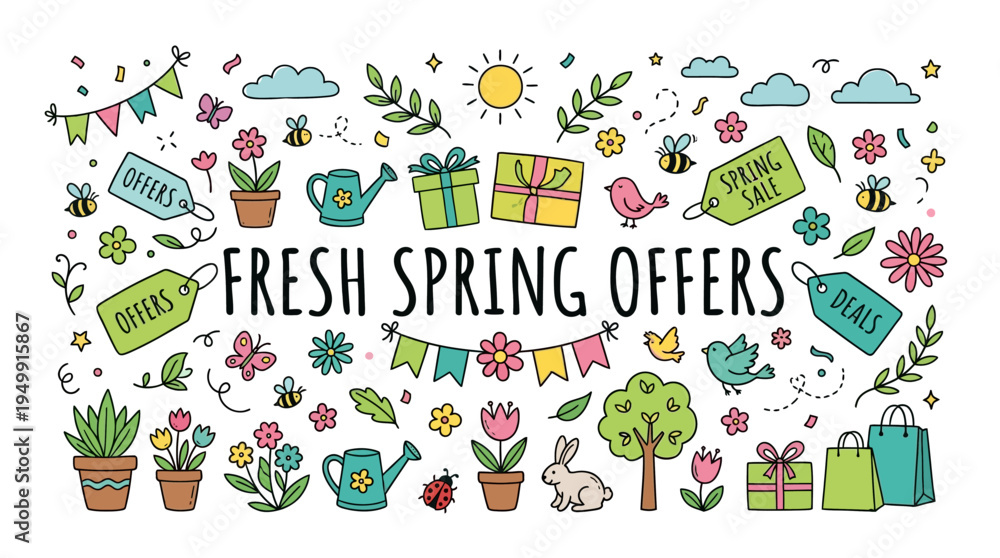 Fototapeta premium Fresh Spring Offers Banner with Cute Doodle Elements