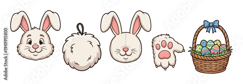 Collection of cute cartoon Easter illustrations featuring a happy bunny head, a fluffy tail, a stitched toy, a paw, and a wicker basket full of colorful decorated eggs