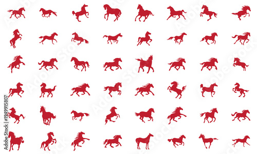 Running Horses icon Chinese Calligraphy design. Collection of black horse silhouettes in dynamic poses, ideal for logos, branding, tattoos, and equestrian or western themed designs.
