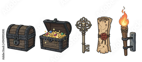 Set of cartoon pirate adventure icons including a treasure chest, gold coins, an old map, a skull key, and a flaming torch for a fantasy game or quest illustration
