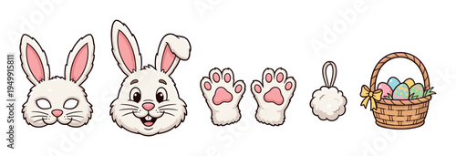 Cartoon Easter bunny costume and celebration set with a cute face mask, paws, tail, happy rabbit head, and a wicker basket full of colorful decorated eggs