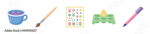 Collection of Easter egg decorating supplies including a paintbrush, dye, stickers, an egg holder, and a marker in a cute, flat vector illustration style for spring holiday crafting