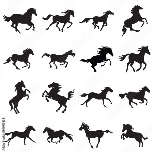 Running Horses icon Chinese Calligraphy design. Collection of black horse silhouettes in dynamic poses, ideal for logos, branding, tattoos, and equestrian or western themed designs.