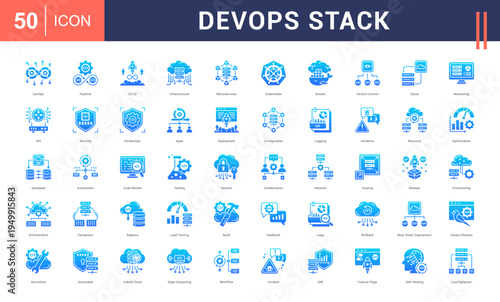 DevOps Stack Icon Set. devops, pipeline, ci/cd, infrastructure, microservices and more. Glyph Gradient Style vector icons collection.