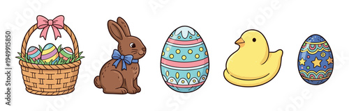 Colorful set of Easter holiday icons featuring a wicker basket with eggs, a chocolate bunny, a baby chick, and decorated eggs in a cute cartoon doodle style illustration