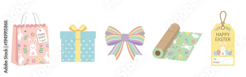 Set of cute Easter gift wrapping supplies including a bag, box, rainbow bow, paper roll, and tag with bunnies and eggs in a flat cartoon style illustration