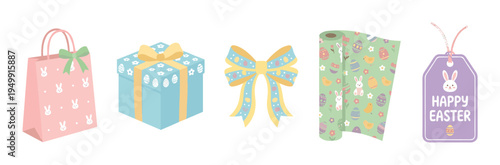 Set of Easter gift wrapping supplies including a bag, box, bow, paper, and tag with cute bunny and egg patterns in a pastel color palette for spring holiday celebrations