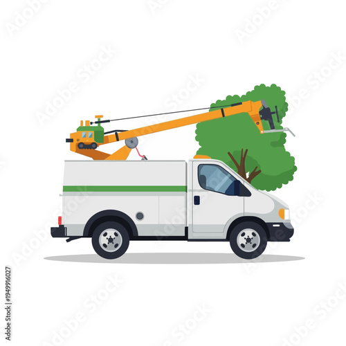 Tree trimming truck with worker in bucket.