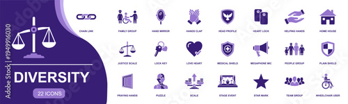 Diversity icon set. Containing chain link, family group, helping hands, justice scale, love heart, medical shield, team group, wheelchair user and more. Solid fill vector icons collection.