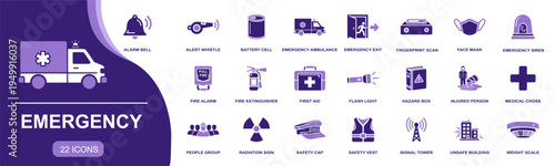 Emergency icon set. Containing alarm bell, emergency exit, first aid, flash light, medical cross, radiation sign, safety vest, signal tower and more. Solid vector icons collection.