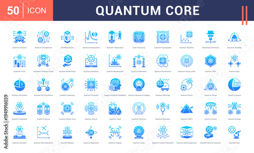 Quantum Core Icon Set. quantum computer, entanglement, schrodingers cat, super position, teleportation and more. Glyph Gradient Style vector icons collection.