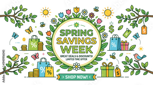Spring Savings Week Floral Banner with Deals and Discounts