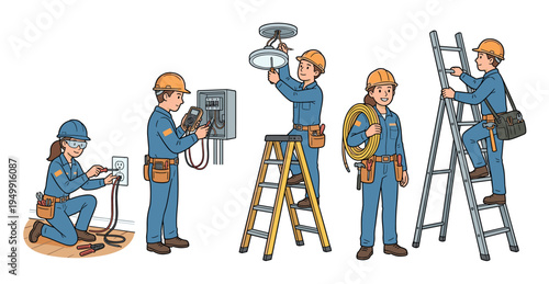Set of cartoon electrician characters performing various tasks, including installing a wall socket, checking a fuse box, fixing a ceiling light, and carrying electrical cable
