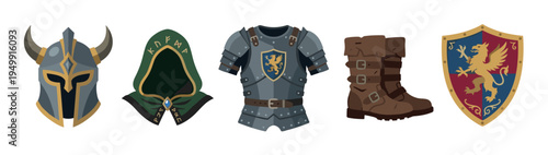 Fantasy medieval warrior armor and clothing set with a horned helmet, runic hood, plate cuirass, leather boots, and a griffin shield in a flat vector illustration style