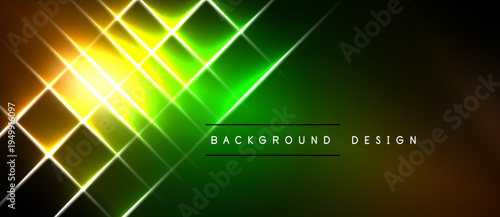 Bright abstract lines form dynamic geometric pattern. Vivid green, yellow hues dominate dark background. Modern design element.