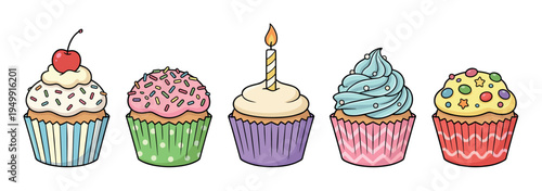 Set of five colorful cartoon cupcakes with various toppings like sprinkles, a cherry, and a birthday candle, presented in a delightful hand-drawn illustration style for celebrations