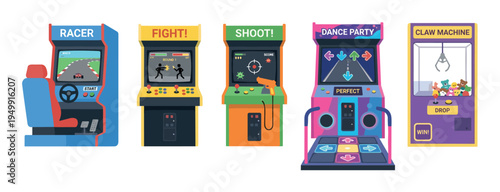 Colorful set of various arcade machines including a racer, fighter, shooter, dance party, and claw machine in a fun retro flat vector illustration style for entertainment