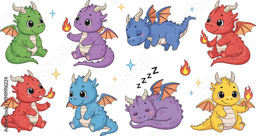 Cute Baby Dragon Cartoon Vector Set with Sleeping, Sitting and Fire Breathing Fantasy Creature Characters