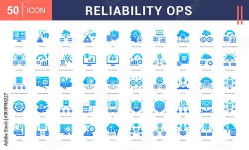 Reliability Ops Icon Set. monitoring, incidents, recovery, incident, sre and more. Glyph Gradient Style vector icons collection.