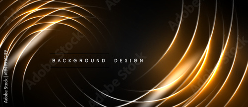Abstract design features swirling golden lines over dark background. Elegant curves create dynamic visual impact. Minimalist text present.