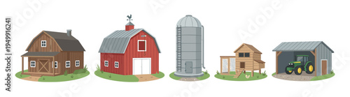 Set of illustrated farm buildings including a farmhouse, red barn, silo, chicken coop, and tractor in a shed, presented in a charming flat cartoon vector style for agricultural themes