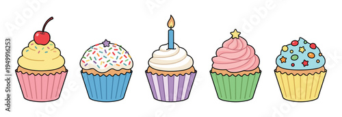 Set of five colorful illustrated cupcakes with various toppings like sprinkles, a cherry, and a candle, shown in a cute and simple cartoon doodle style for a celebration