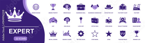 Expert icon set. Containing award badge, trophy, business deal, idea bulb, office bag, quality badge, winner cup, star mark, royal crown and more. Premium solid vector icons collection.