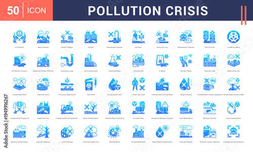 Pollution Crisis Icon Set. air pollution, water pollution, plastic pollution, oil spill, microplastic pollution and more. Glyph Gradient Style vector icons collection.