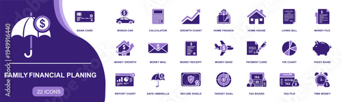 Family Financial Planning icon set. Containing bank card, calculator, growth chart, money mail, piggy bank, tax file, secure shield, target goal and more. Solid vector icons collection.