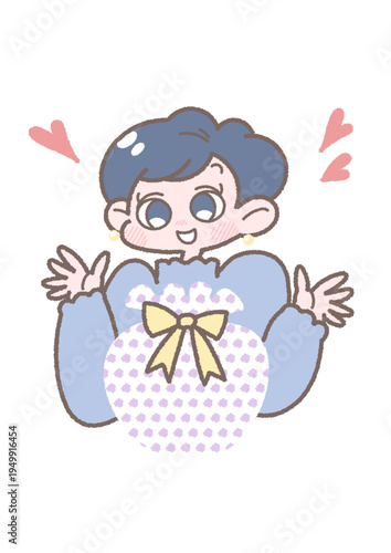 プレゼントの包みを前に喜ぶ笑顔の女性のイラスト