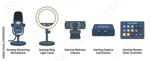 Gaming streaming equipment set with a microphone, ring light, webcam, capture card, and programmable keypad for live broadcasting, shown in a flat vector illustration style
