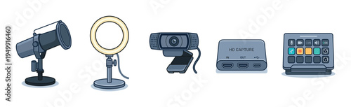 Set of streaming equipment illustrations including a microphone, ring light, webcam, capture card, and stream deck for online content creation in a clean cartoon style