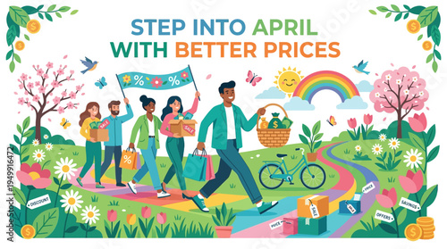 April Sale Promotion with People Walking on a Colorful Path