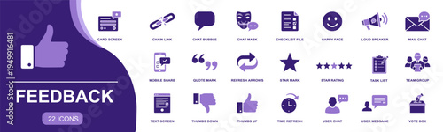 Feedback icon set. Containing chat bubble, checklist file, happy face, loud speaker, mobile share, star rating, task list, thumbs up, thumbs down and more. Solid fill vector icon collection.