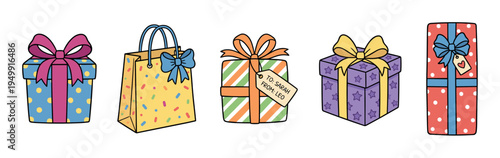 Colorful collection of five illustrated gifts in a row, featuring festive boxes and a bag decorated with bright ribbons, bows, and cheerful patterns like polka dots, stripes, and stars