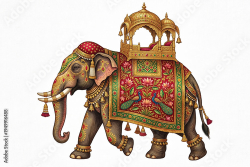 Ornate Indian Royal Elephant with Golden Howdah on White Background