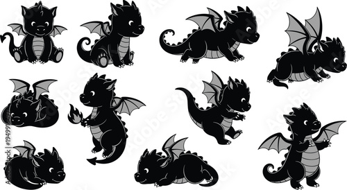 Cute Baby Dragon Silhouette Vector Set with Cartoon Winged Dragons in Playful Poses and Fantasy Creature Shadows