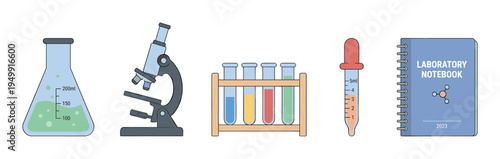 Set of laboratory equipment illustrations including a conical flask, microscope, test tubes, pipette, and notebook for scientific research and chemical experiments in a flat vector style