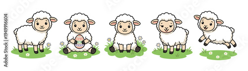 Set of five cute cartoon lambs in different poses, including standing, sitting, jumping, and holding a decorated Easter egg on a green pasture with flowers, in a simple kawaii style