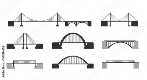 Collection of Bridge Designs - Suspension, Arch, and Truss Structures.